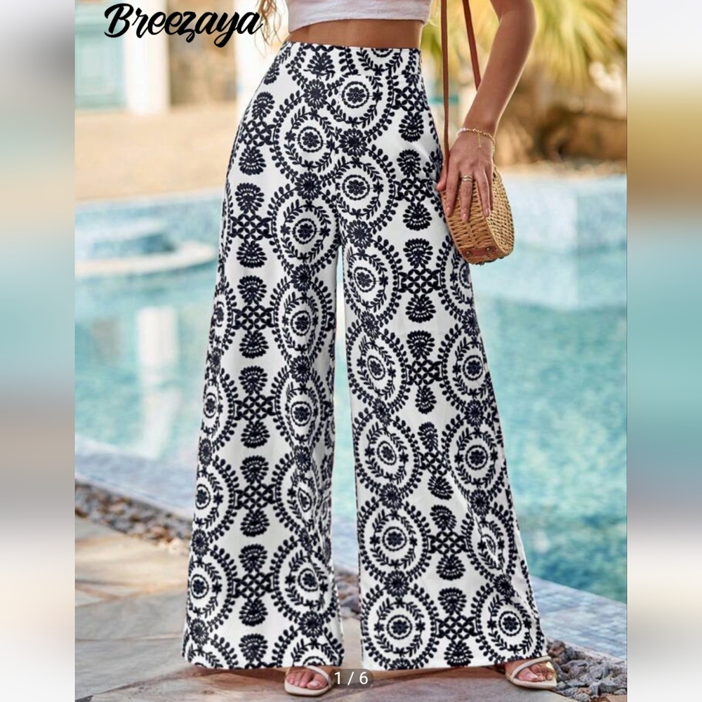 Breezaya Wide Leg Pants Allover Print Large Black White Brand New High Waisted